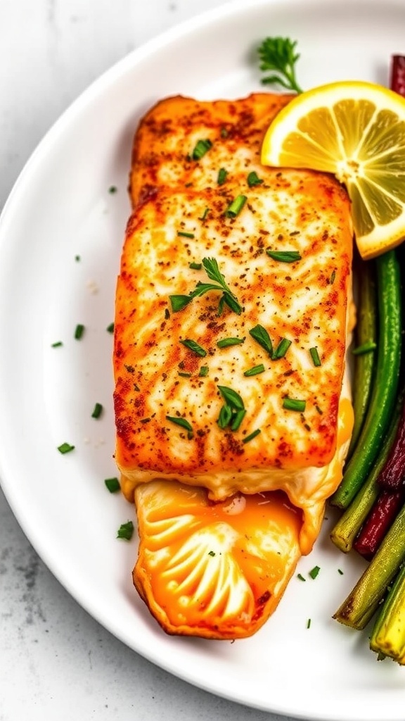 Crispy Air Fryer Salmon Steak Recipe Crispy air fryer salmon steak garnished with herbs and lemon on a plate with vegetables.